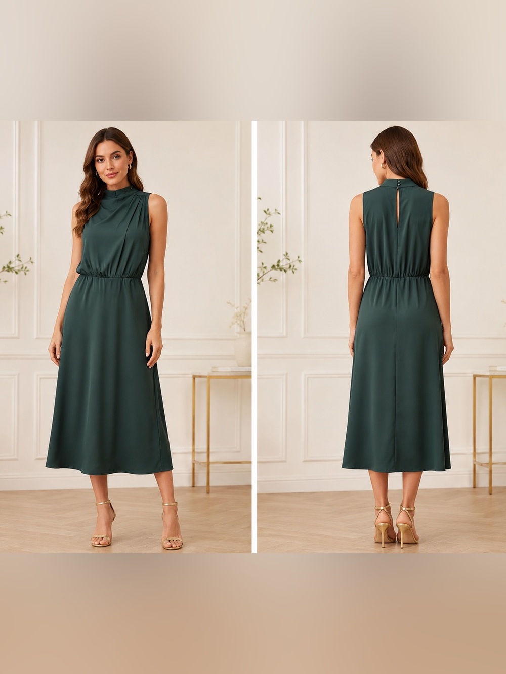 NWT PRETTYGARDEN Emerald Green Mock Neck Midi Dress Wedding Guest Small